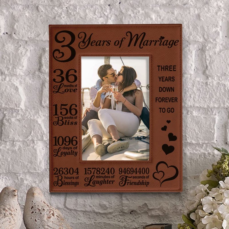 KATE POSH 3rd Anniversary Engraved Rawhide Leather Picture Frame (5x7 Vertical) - Image 3